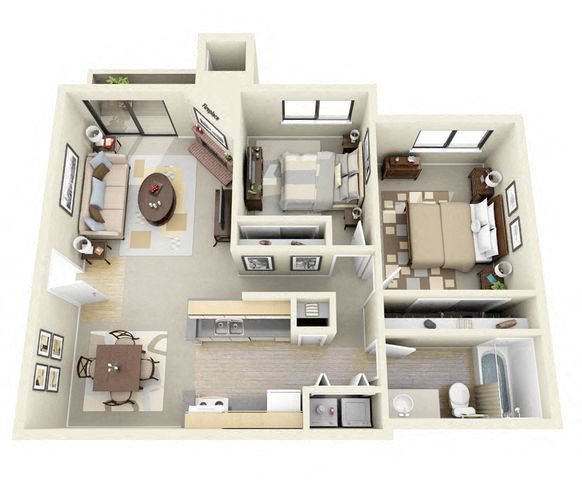 The Cascade 2 Bedroom 1 Bathroom Floor Plan 3D Floor Plan Image of The Cascade - two bedroom apartments near me